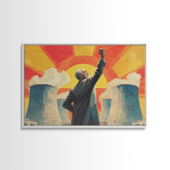 Nuclear Cooling Tower Leader Framed Canvas Print, Retro Political Poster, Midcentury Modern Wall Decor, Atomic Science Art
