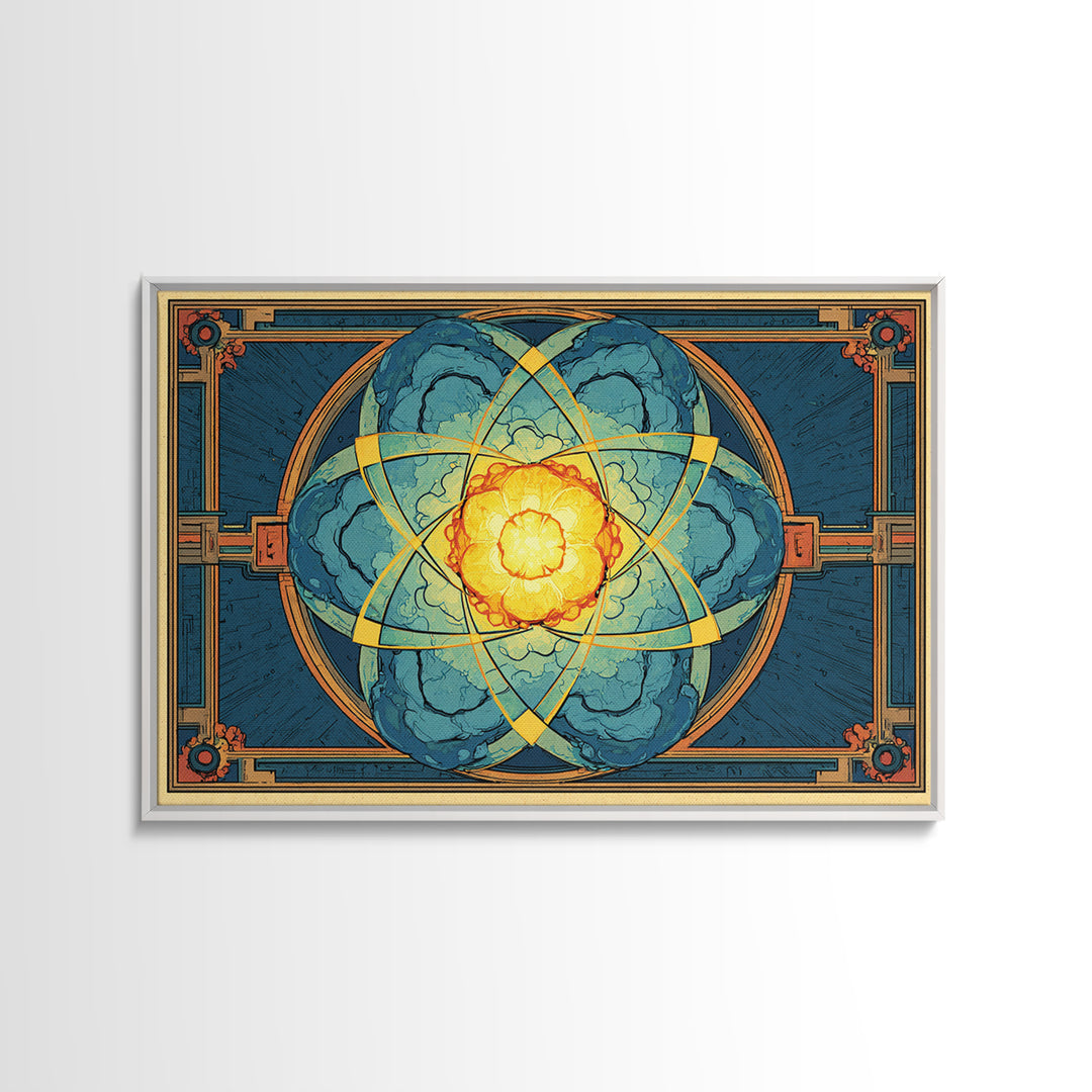 Ornate Atomic Explosion Framed Canvas Print, Art Deco Science Poster, Geometric Wall Art Decor, Midcentury Modern Print Gift