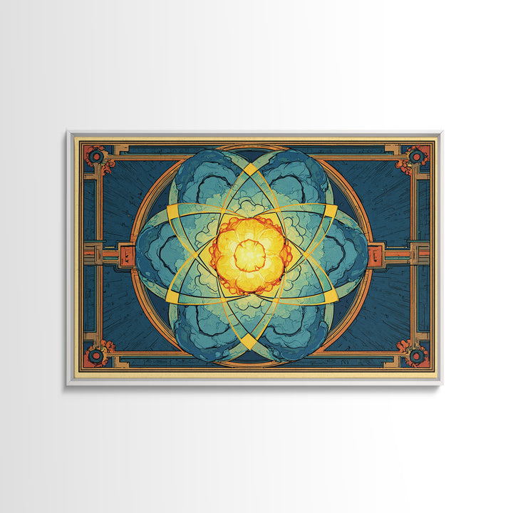 Ornate Atomic Explosion Framed Canvas Print, Art Deco Science Poster, Geometric Wall Art Decor, Midcentury Modern Print Gift