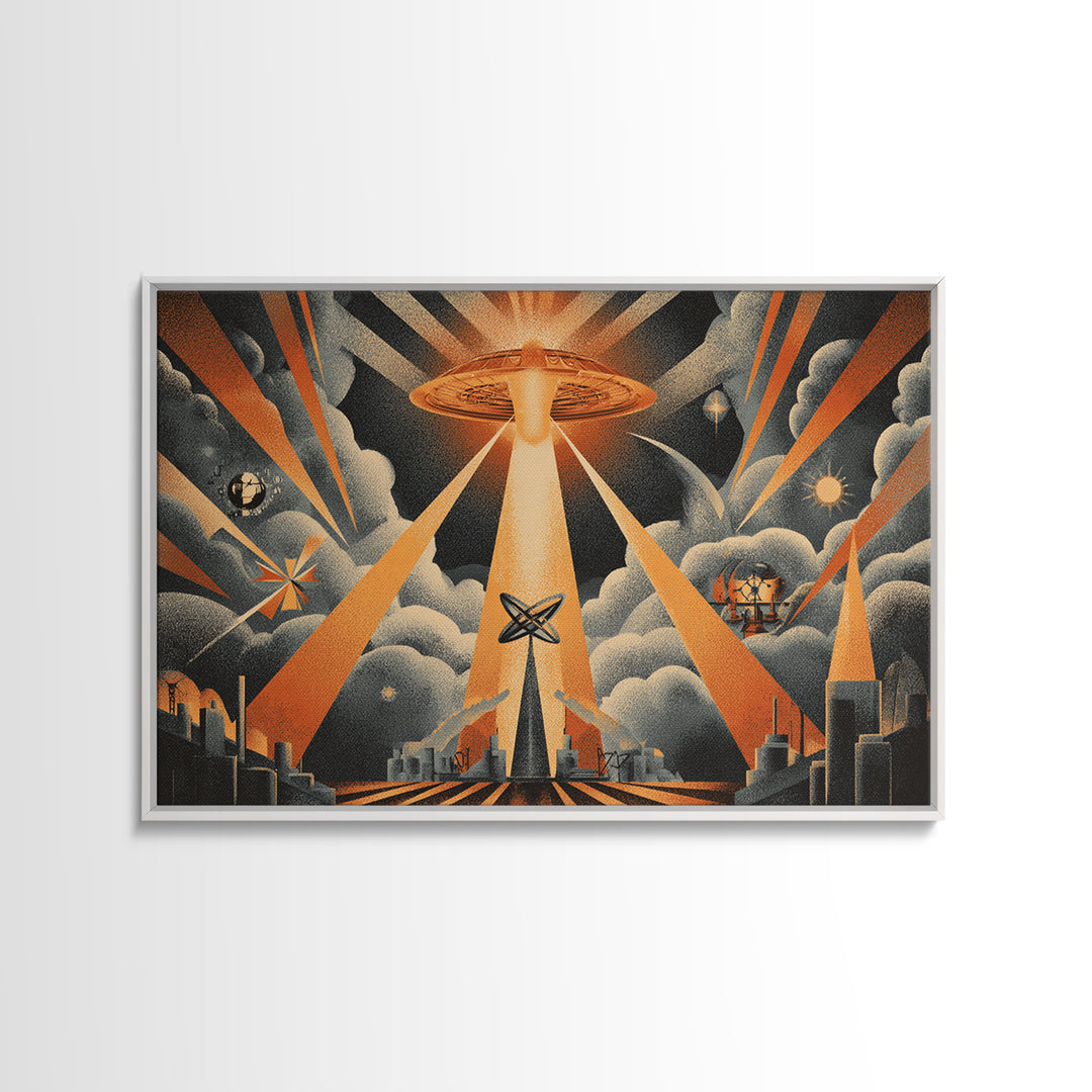 UFO Beam Over City Canvas Print, Retro Sci Fi Poster, Atomic Space Wall Art, Midcentury Modern MCM Decor, Orange Rays Print