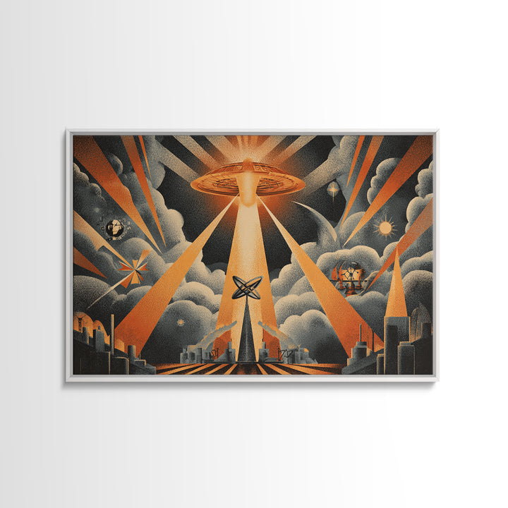 UFO Beam Over City Canvas Print, Retro Sci Fi Poster, Atomic Space Wall Art, Midcentury Modern MCM Decor, Orange Rays Print