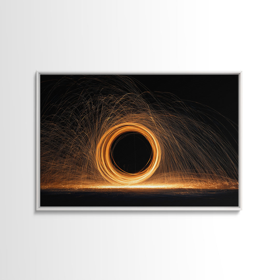 Orange Black Hole Light Trails Wall Art, Modern Abstract Art Print, Cosmic Retro Decor, Home Office Art, Framed Canvas Print