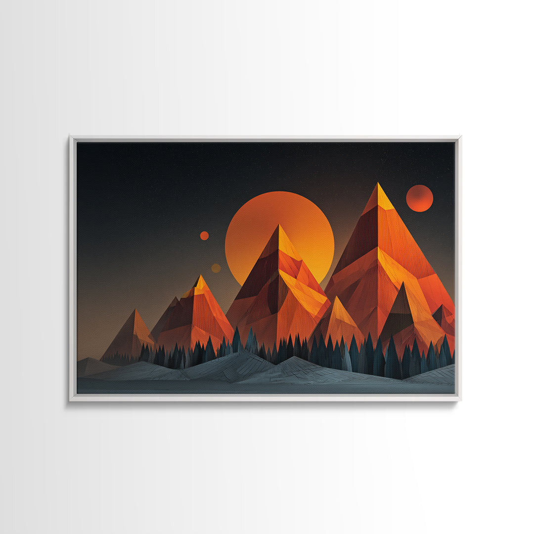 Orange Planet Pyramid Mountains Framed Canvas Print, Retro Futuristic Wall Art, Geometric Sci Fi Poster, MCM Home Decor Print