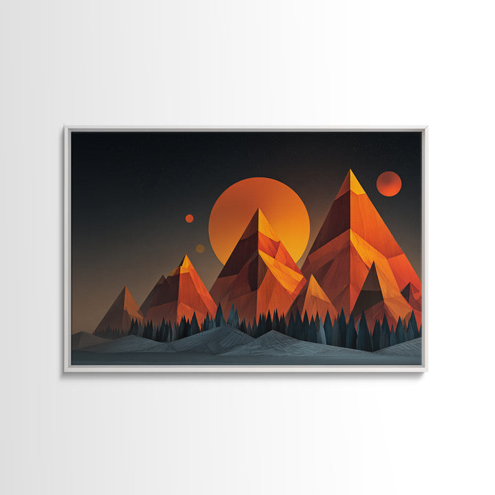 Orange Planet Pyramid Mountains Framed Canvas Print, Retro Futuristic Wall Art, Geometric Sci Fi Poster, MCM Home Decor Print