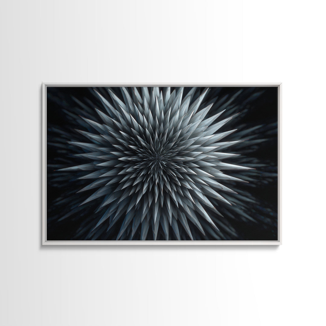 Metallic Crystal Starburst Framed Canvas Print, Modern Abstract Art, Geometric Wall Decor, Black Blue Statement Art Poster