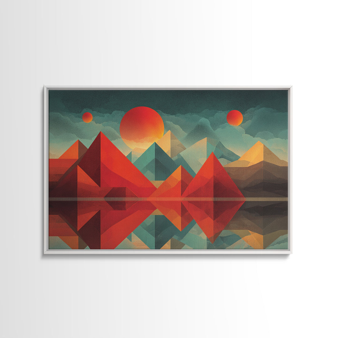 Geometric Red Pyramid Mountains Reflection Wall Art, Midcentury Modern Abstract Landscape, Retro MCM Decor, Canvas Print