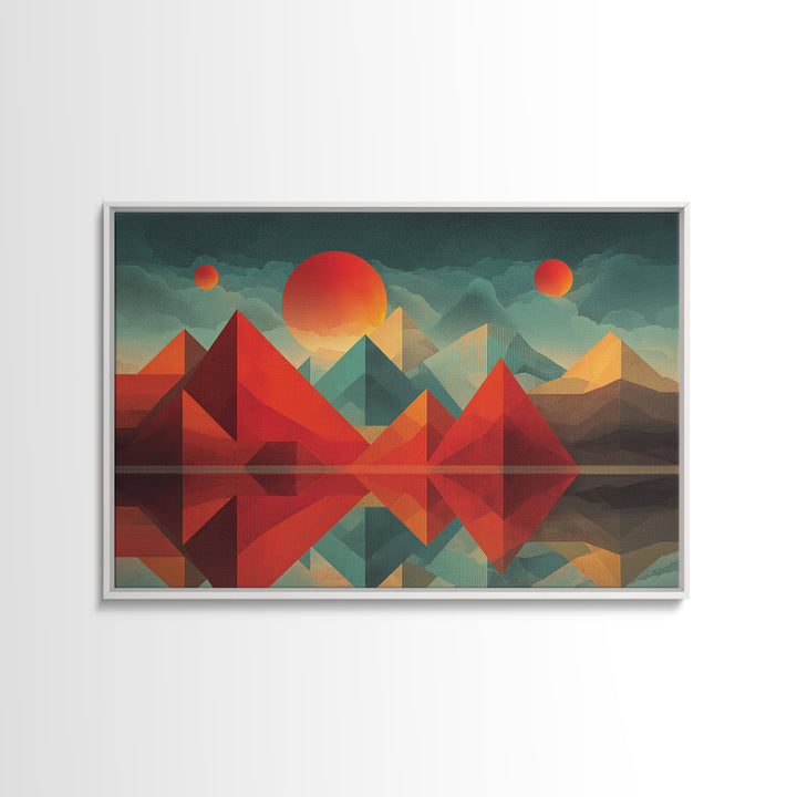 Geometric Red Pyramid Mountains Reflection Wall Art, Midcentury Modern Abstract Landscape, Retro MCM Decor, Canvas Print