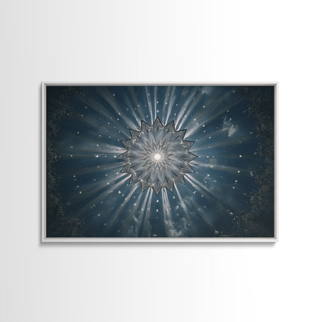 Radiant Blue Celestial Mandala Starburst Wall Art, Midcentury Modern Art Print, Atomic Retro Home Decor, Framed Canvas Print