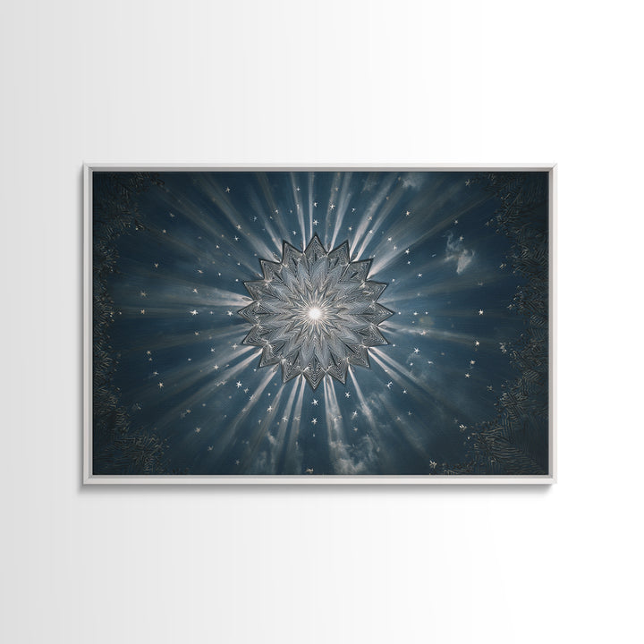 Radiant Blue Celestial Mandala Starburst Wall Art, Midcentury Modern Art Print, Atomic Retro Home Decor, Framed Canvas Print