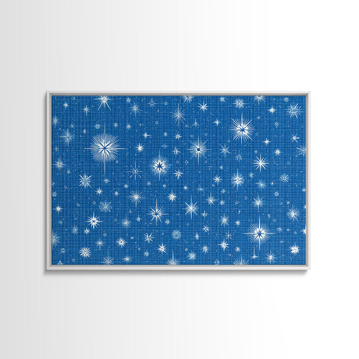 Blue Blueprint Atomic Starburst Wall Art, Midcentury Modern Art Print, Retro Geometric Pattern, Office Decor Canvas Print