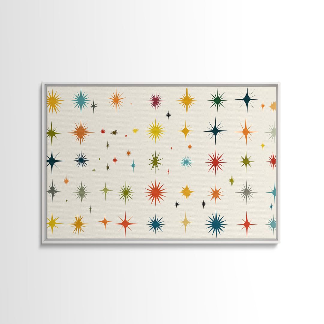 Cream Atomic Starburst Pattern Wall Art, Midcentury Modern Print, Retro 50s Colorful Home Decor, MCM Framed Canvas Print