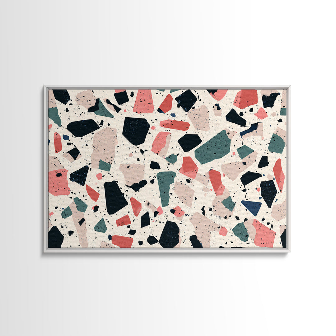 Coral Teal Terrazzo Abstract Wall Art, Midcentury Modern Art Print, Retro Geometric Pattern Home Decor, Framed Canvas Print