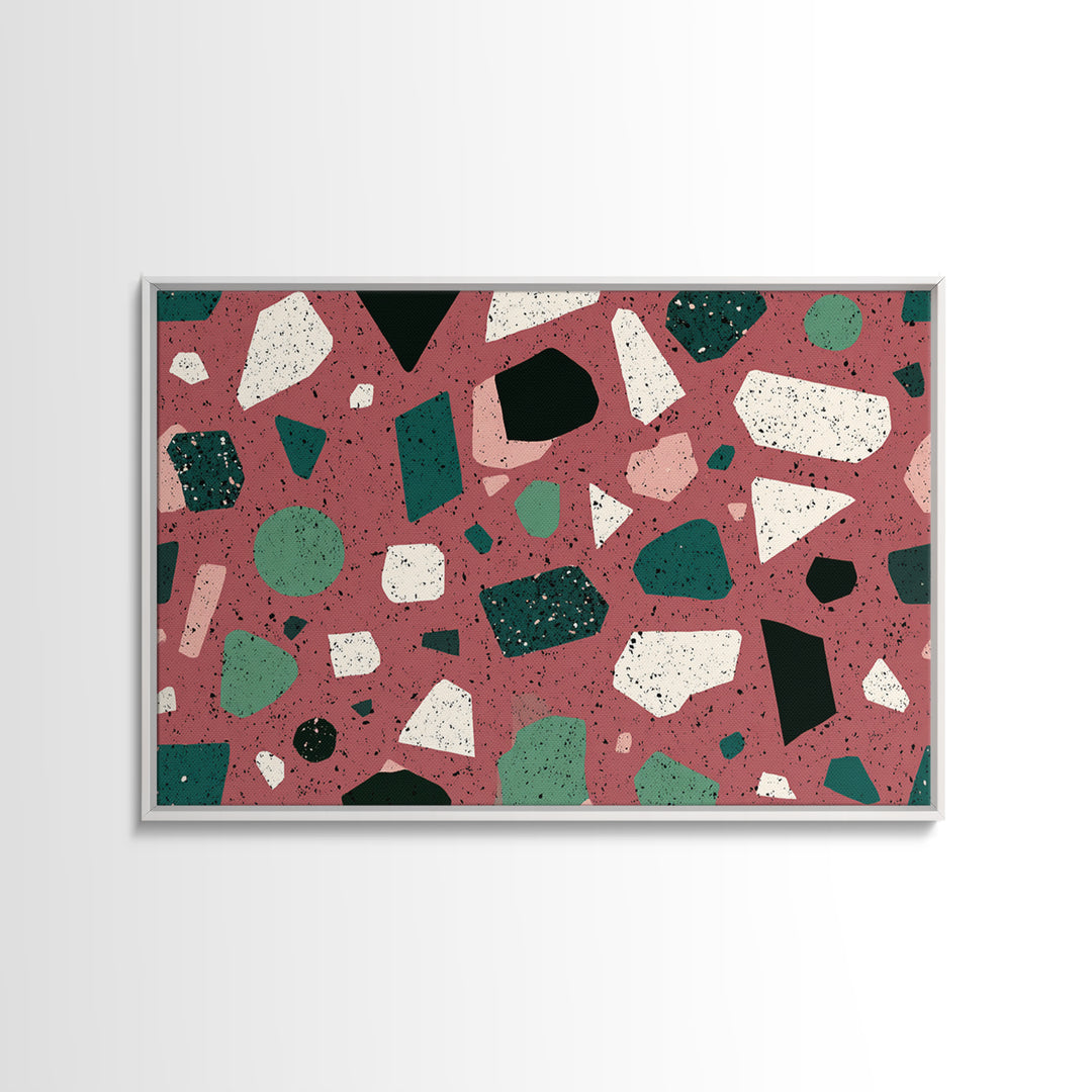Rose Green Terrazzo Abstract Wall Art, Midcentury Modern Print, MCM Retro Geometric Pattern Home Decor, Framed Canvas Print