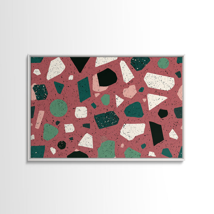 Rose Green Terrazzo Abstract Wall Art, Midcentury Modern Print, MCM Retro Geometric Pattern Home Decor, Framed Canvas Print