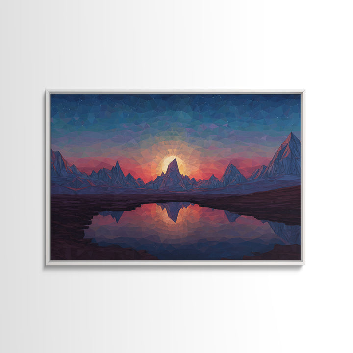 Low Poly Alpine Mountain Sunset Wall Art, Blue Lake Reflection Landscape, Modern Geometric Print, Scenic Home Office Decor