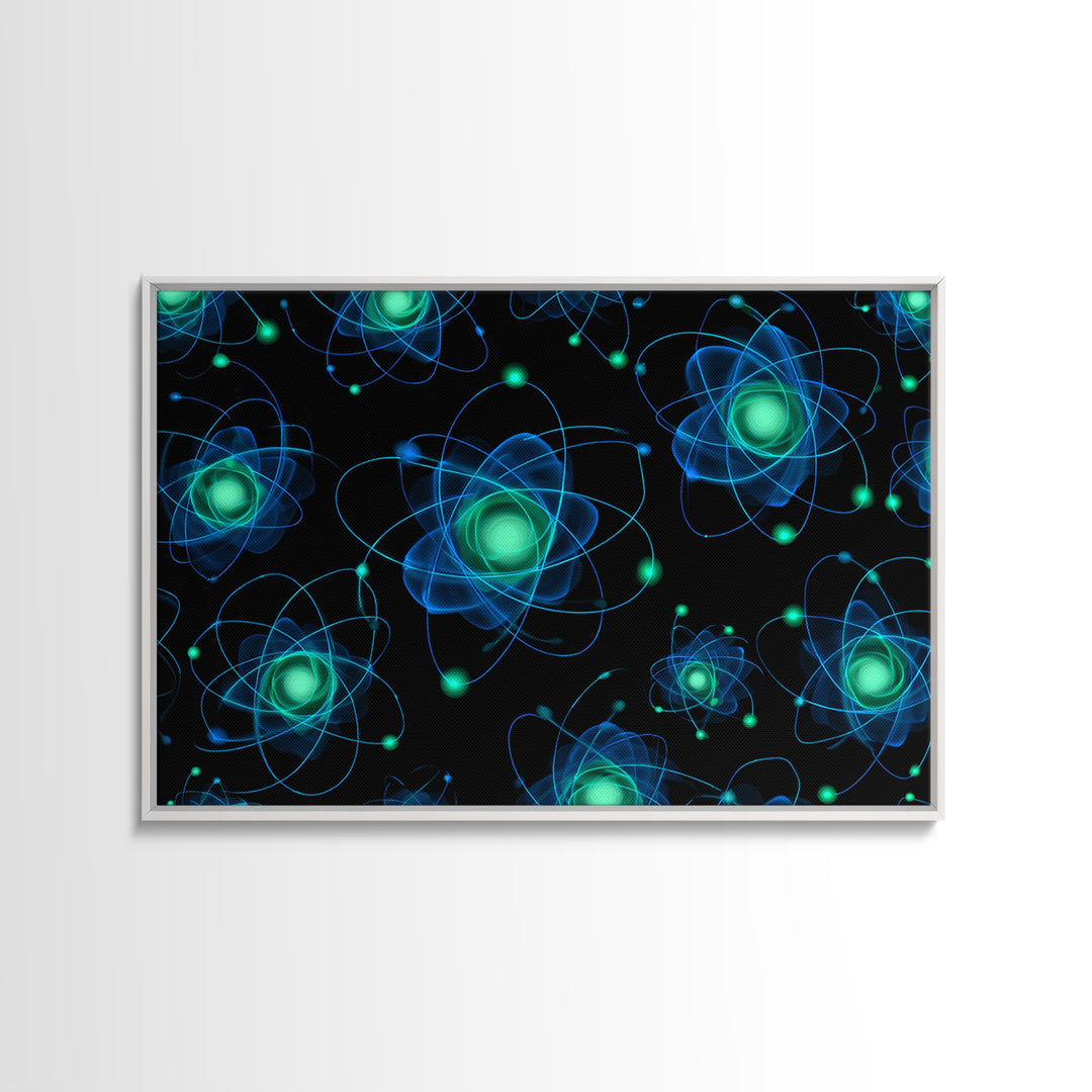 Glowing Blue Green Atomic Orbit Pattern Wall Art, Mid Century Modern Decor, Retro Sci Fi Poster, MCM Wall Decor, Geometric Art Print