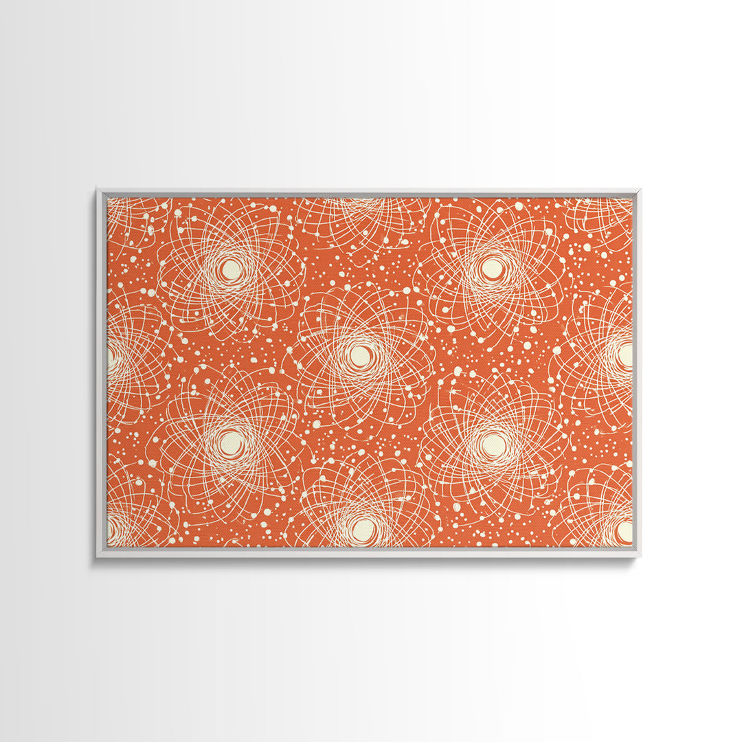 Orange White Atomic Orbit Pattern Canvas Print, Mid Century Modern Decor, Retro Science Poster, Geometric Wall Art, MCM Home Decor
