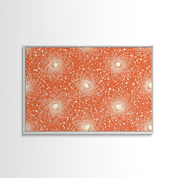 Orange White Atomic Orbit Pattern Canvas Print, Mid Century Modern Decor, Retro Science Poster, Geometric Wall Art, MCM Home Decor