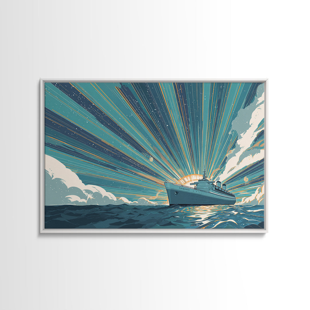 Ocean Liner Sunrise Ray Wall Art, Retro Travel Poster, Nautical Decor, Art Deco Cruise Ship Print, Coastal Living Room Decor