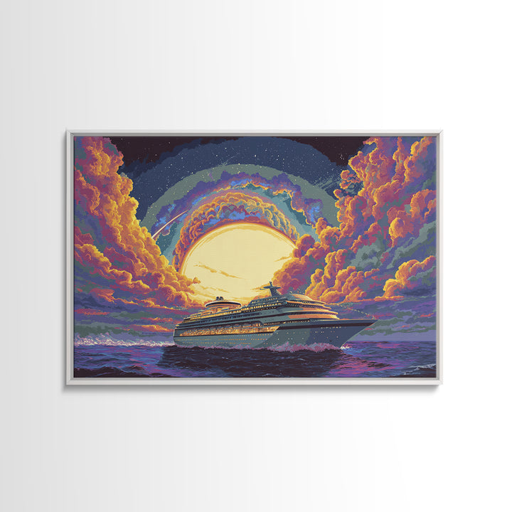 Moonlit Cruise Ship At Sea Canvas Print, Retro Travel Poster, Celestial Ocean Wall Art, Coastal Decor, Colorful Nautical Art