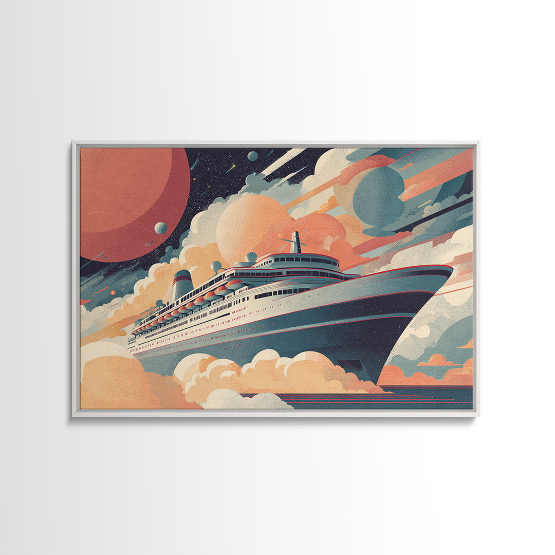 Space Cruise Ship With Planets Wall Art, Retro Sci Fi Poster, Mid Century Modern Decor, Celestial Travel Print, Cosmic Art