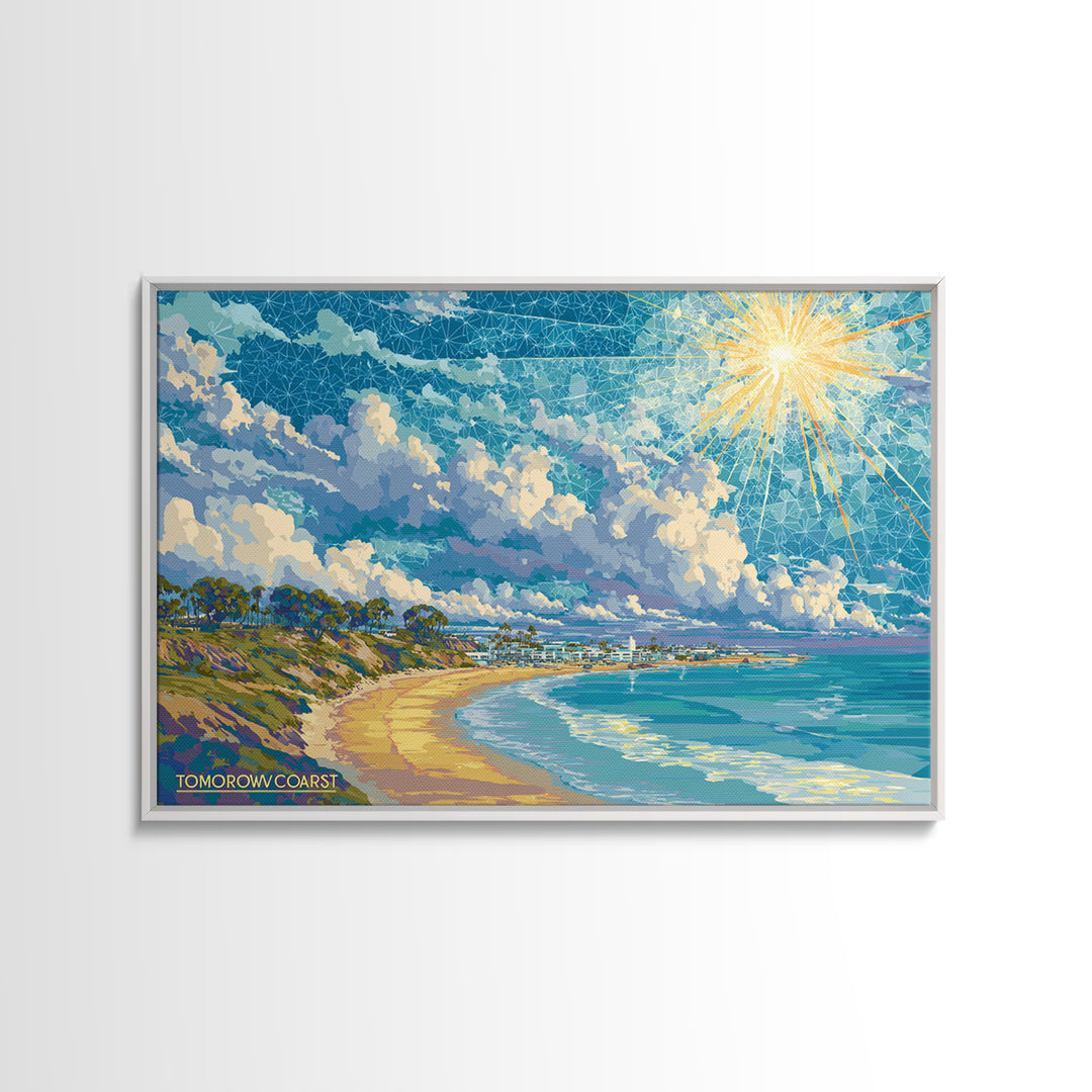 Sunny California Coast Beach Wall Art, Ocean Landscape Poster, Blue Modern Home Decor, Travel Inspired Framed Canvas Print