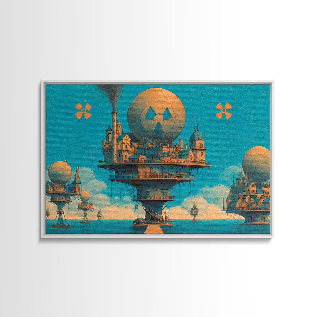Floating Nuclear City Wall Art, Retro Sci Fi Poster, Industrial Dystopian Decor, Teal Orange Canvas Print, Statement Art