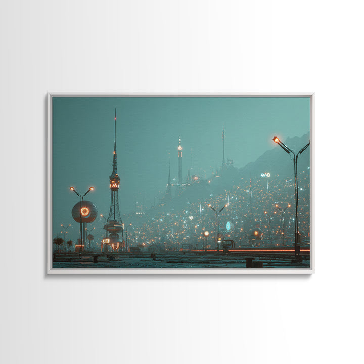 Foggy Futuristic Teal City Towers Wall Art, Midcentury Modern Sci Fi Skyline, Retro Urban Poster, MCM Office Decor, Modern Wall Decor