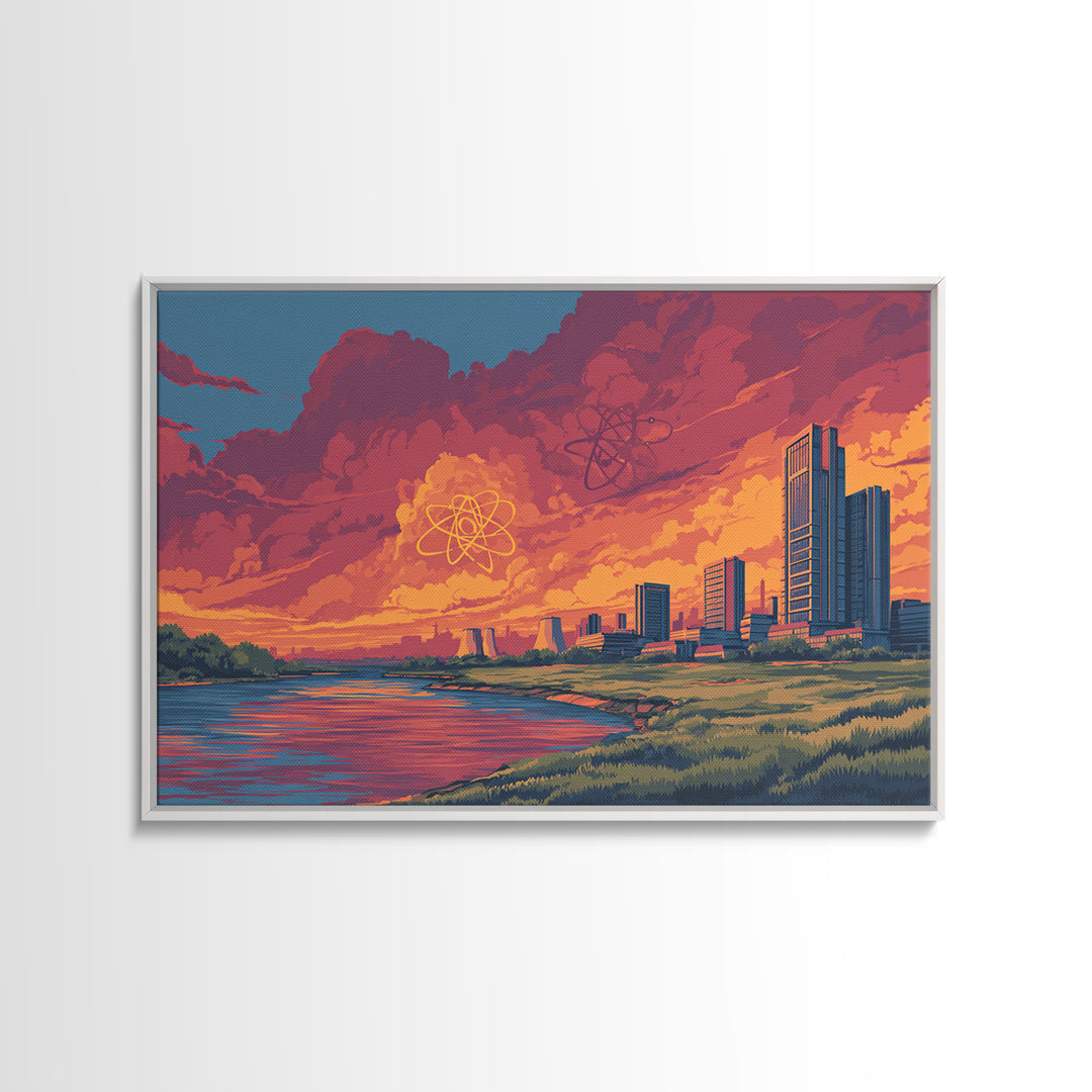 Red Cloud Atomic Waterfront Skyline Wall Art, Midcentury Modern Canvas Print, Retro Sci Fi Sunset Poster, Colorful Home Decor