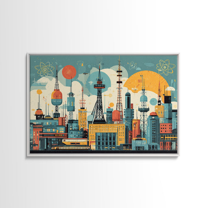 Retro Radio Tower City Collage Wall Art, Midcentury Modern Print, Atomic Skyline Poster, Geometric Urban Home Decor, MCM Office Decor