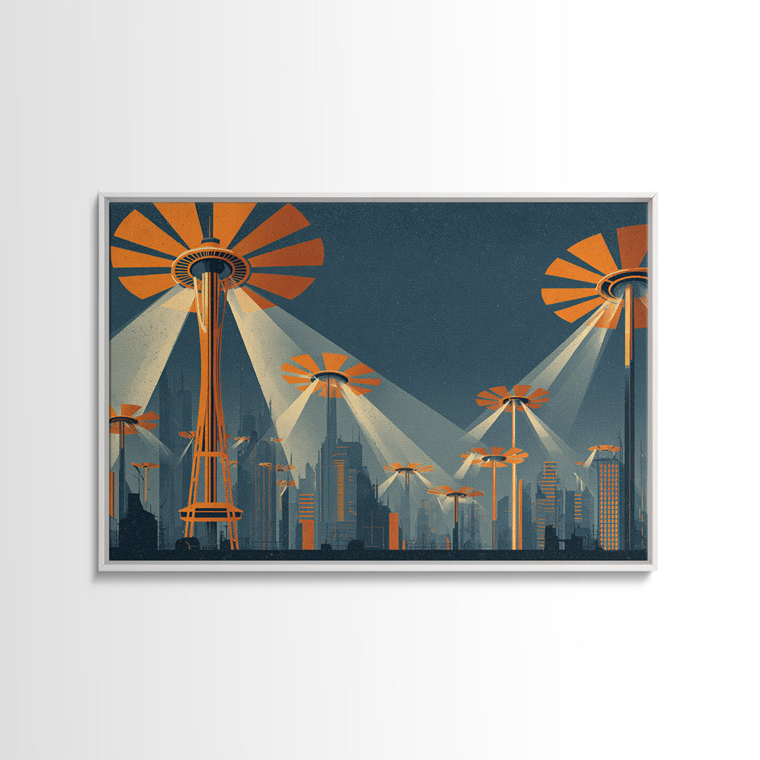 UFO Searchlight Future City Wall Art, Midcentury Modern Sci Fi Poster, Retro Space Needle Skyline, Orange MCM Decor, Modern Wall Decor