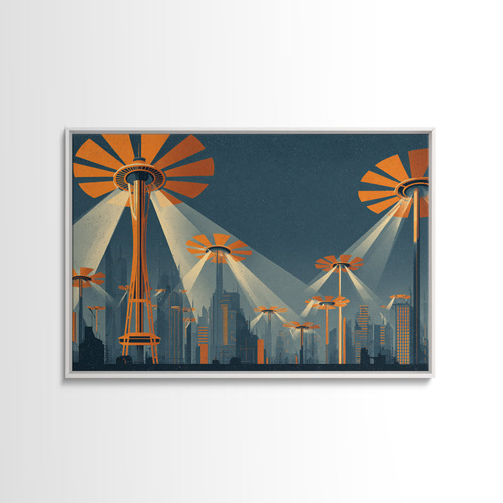 UFO Searchlight Future City Wall Art, Midcentury Modern Sci Fi Poster, Retro Space Needle Skyline, Orange MCM Decor, Modern Wall Decor