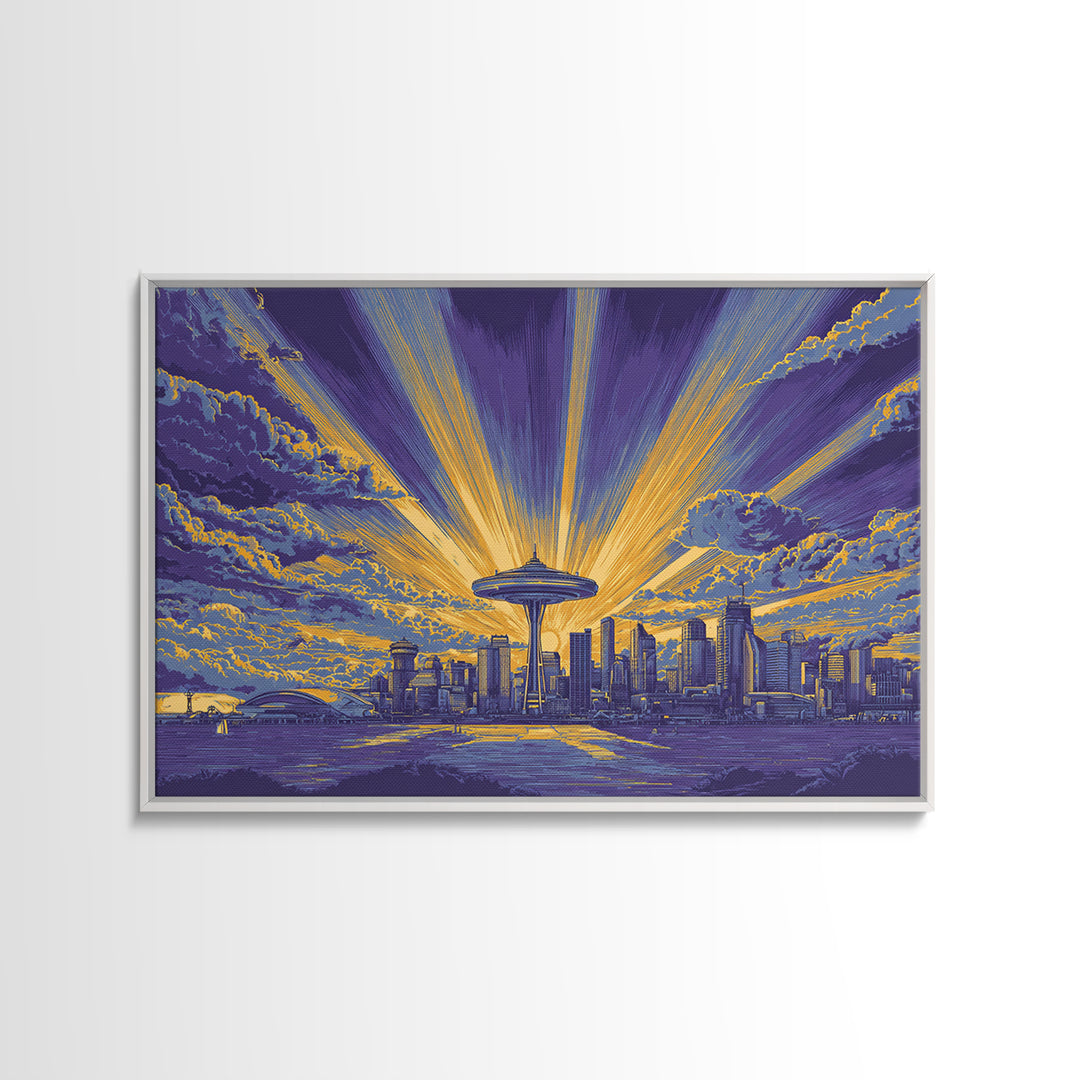Seattle Space Needle Sunburst Wall Art, Midcentury Modern Canvas Print, Retro Skyline Poster, Purple Yellow MCM Home Decor