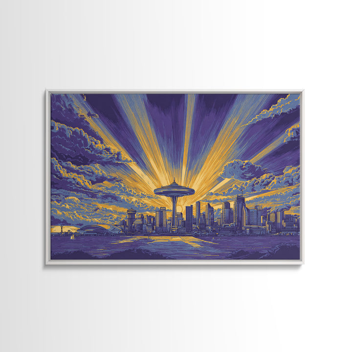 Seattle Space Needle Sunburst Wall Art, Midcentury Modern Canvas Print, Retro Skyline Poster, Purple Yellow MCM Home Decor