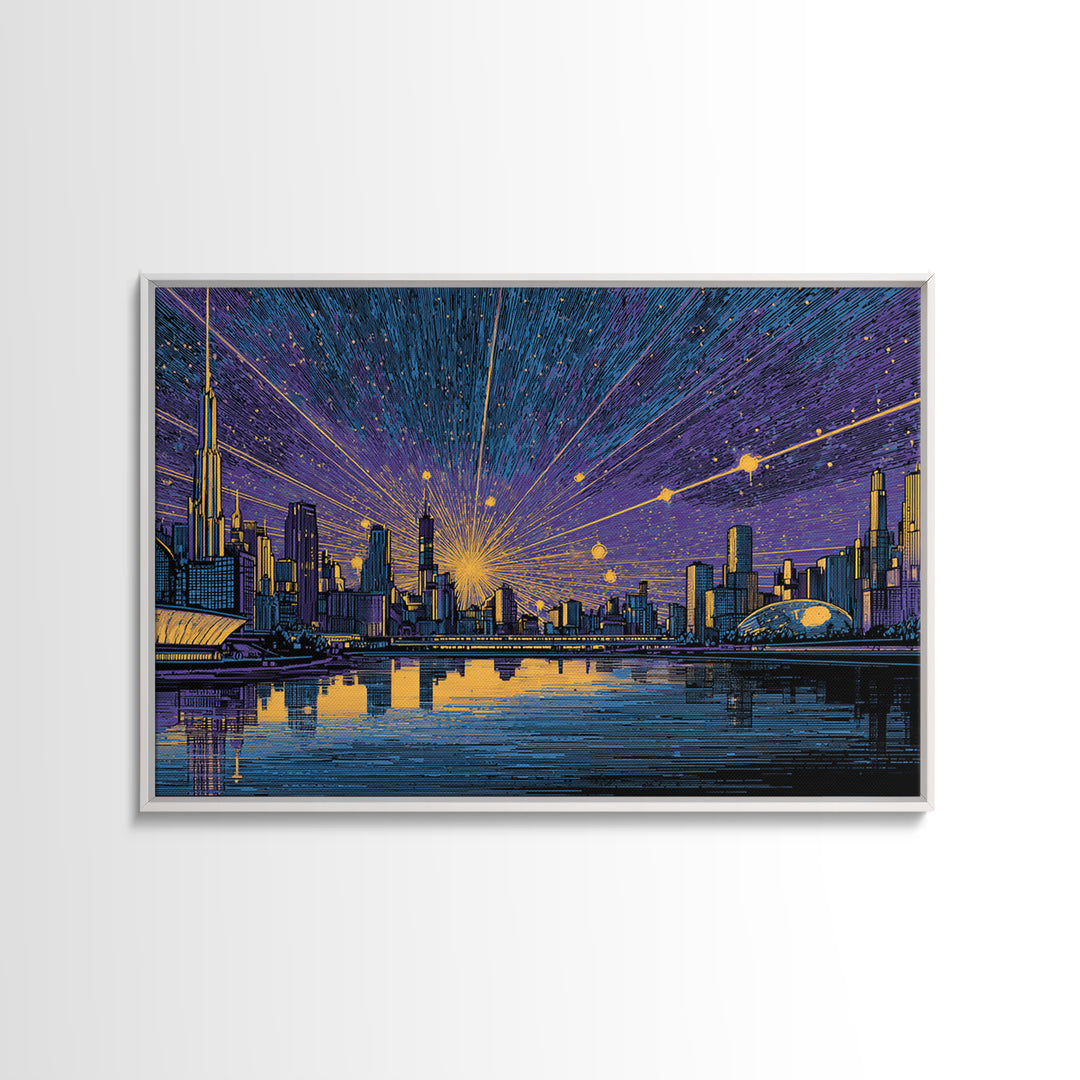 Futuristic Skyline Meteor Shower Wall Art, Midcentury Modern Sci Fi City Poster, Blue Gold Urban Decor, MCM Office Print
