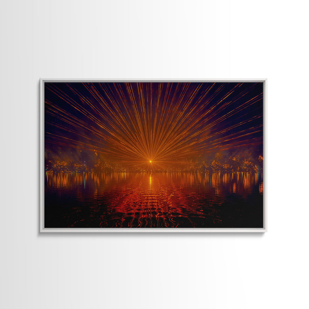 Orange Laser Sunset Over Water Wall Art, Modern Abstract Sci Fi Landscape, Retro Futuristic Poster, Large MCM Office Decor