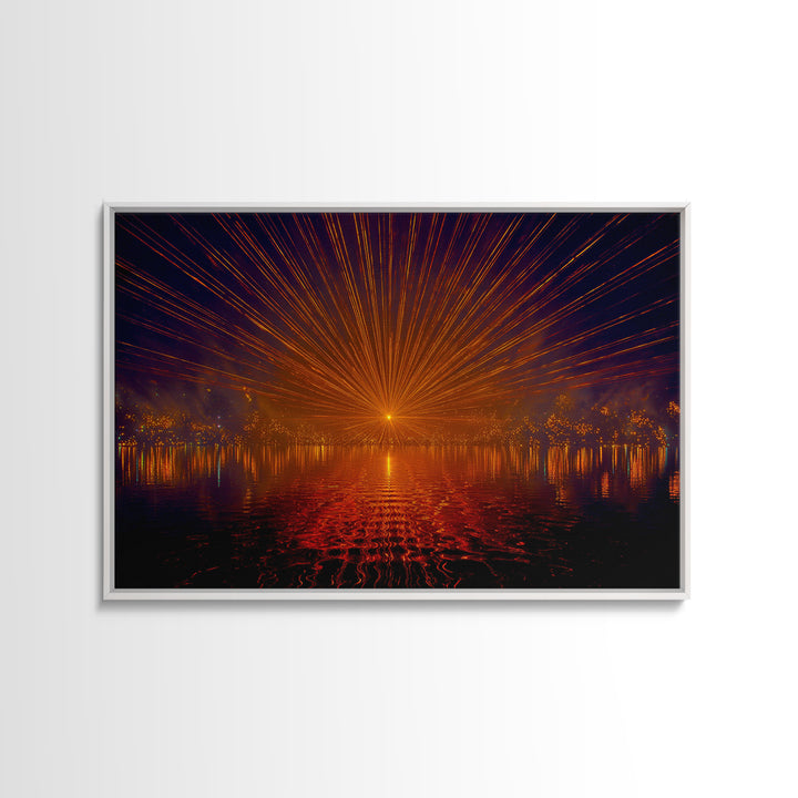 Orange Laser Sunset Over Water Wall Art, Modern Abstract Sci Fi Landscape, Retro Futuristic Poster, Large MCM Office Decor