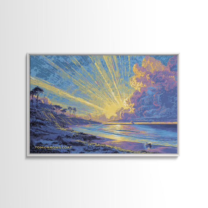 Radiant Coastal Sunset With Palm Trees Wall Art, Ocean Sunrise Landscape, Blue Yellow Beach Decor, Scenic Framed Canvas Print