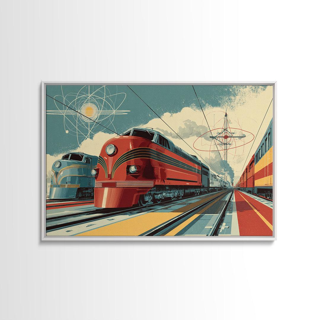 Red Streamliner Train Station Wall Art, Retro Futurism Poster, Mid Century Modern Decor, Atomic Railroad Print, Office Wall Decor