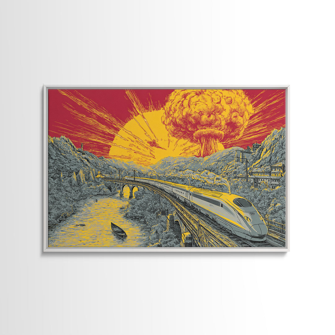 Nuclear Bullet Train Landscape Canvas Print, Apocalyptic Retro Poster, Sci Fi Wall Decor, Dramatic Yellow Art, Modern Wall Art