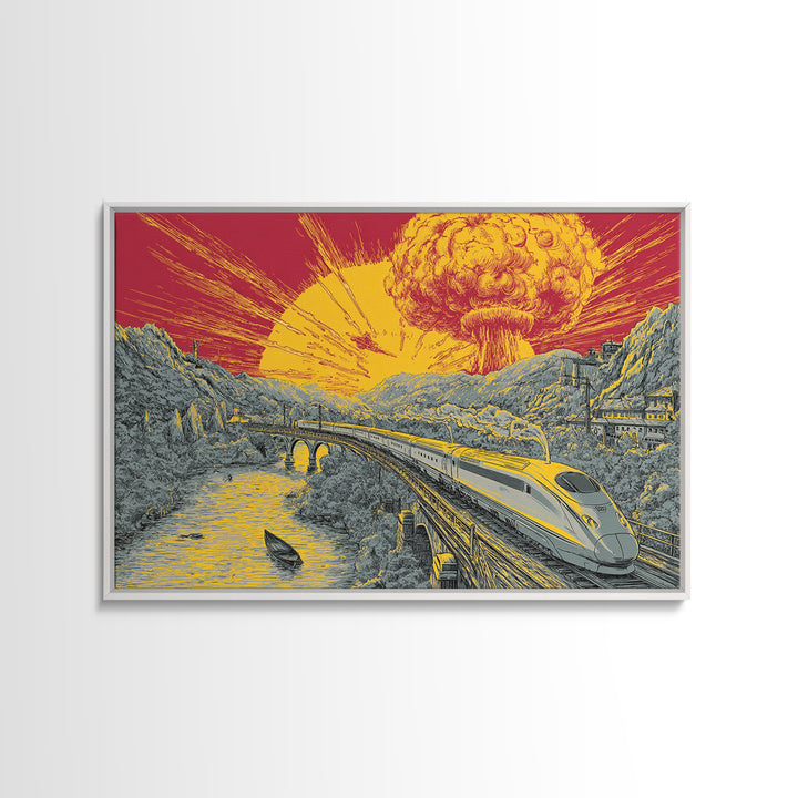 Nuclear Bullet Train Landscape Canvas Print, Apocalyptic Retro Poster, Sci Fi Wall Decor, Dramatic Yellow Art, Modern Wall Art