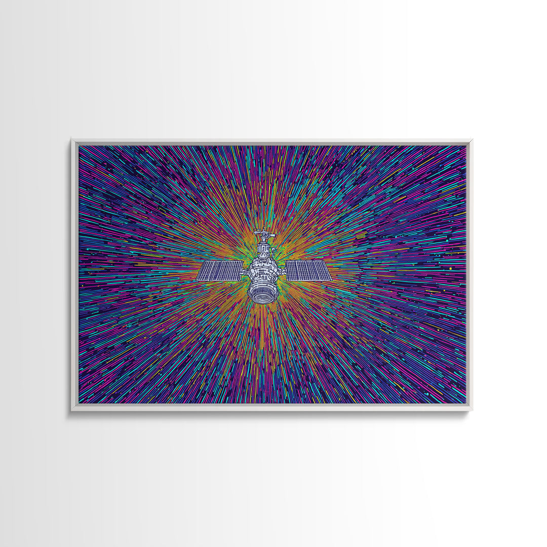 Warp Speed Satellite Explosion Wall Art, Colorful Space Abstract Poster, Sci Fi Retro Print, Modern Digital Art, Office Decor