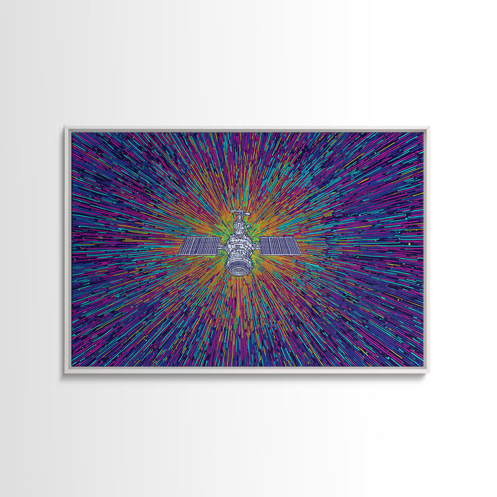 Warp Speed Satellite Explosion Wall Art, Colorful Space Abstract Poster, Sci Fi Retro Print, Modern Digital Art, Office Decor