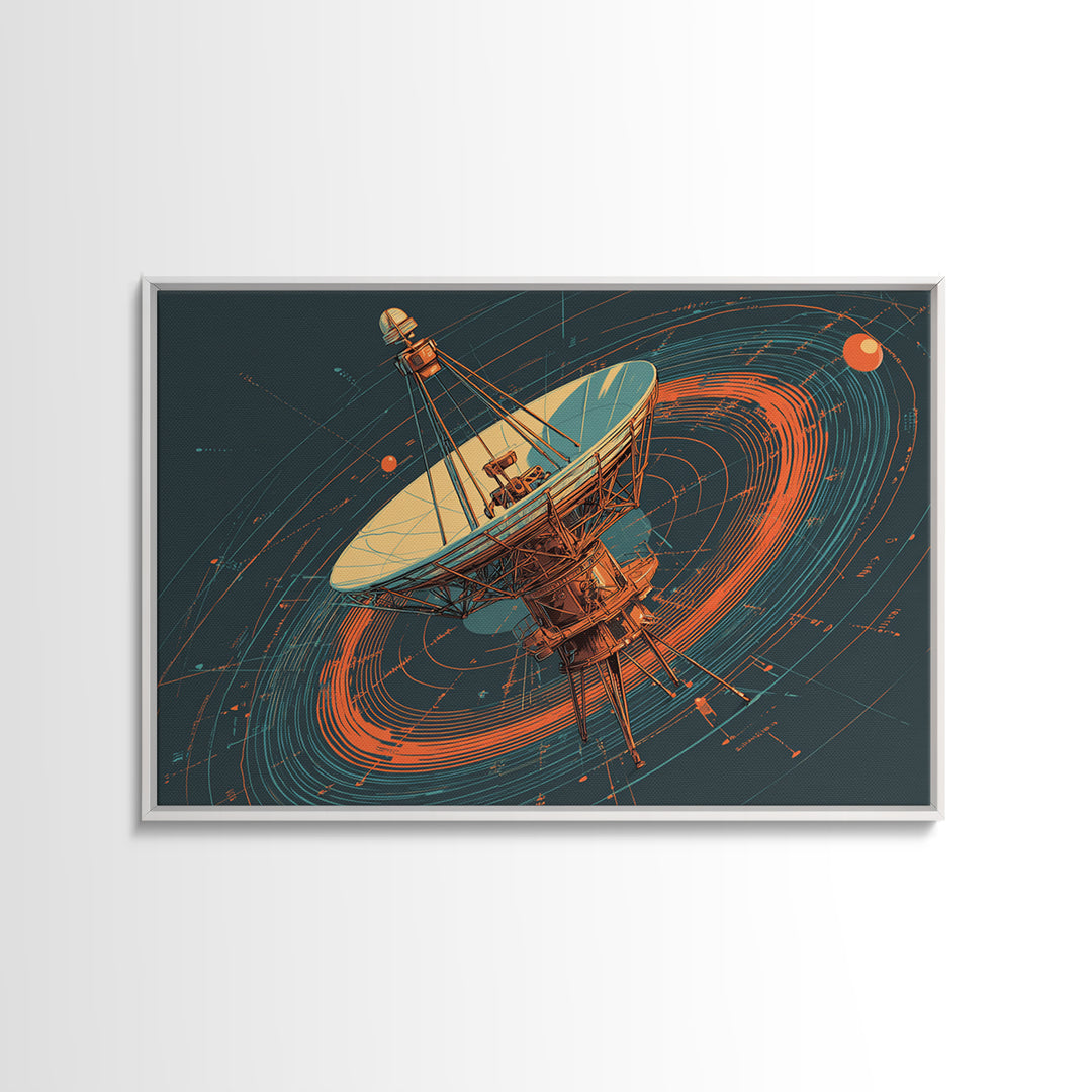 Deep Space Radio Telescope Canvas Print, Teal Orange Retro Futurism Poster, Orbital Lines Art, Midcentury Modern Wall Decor