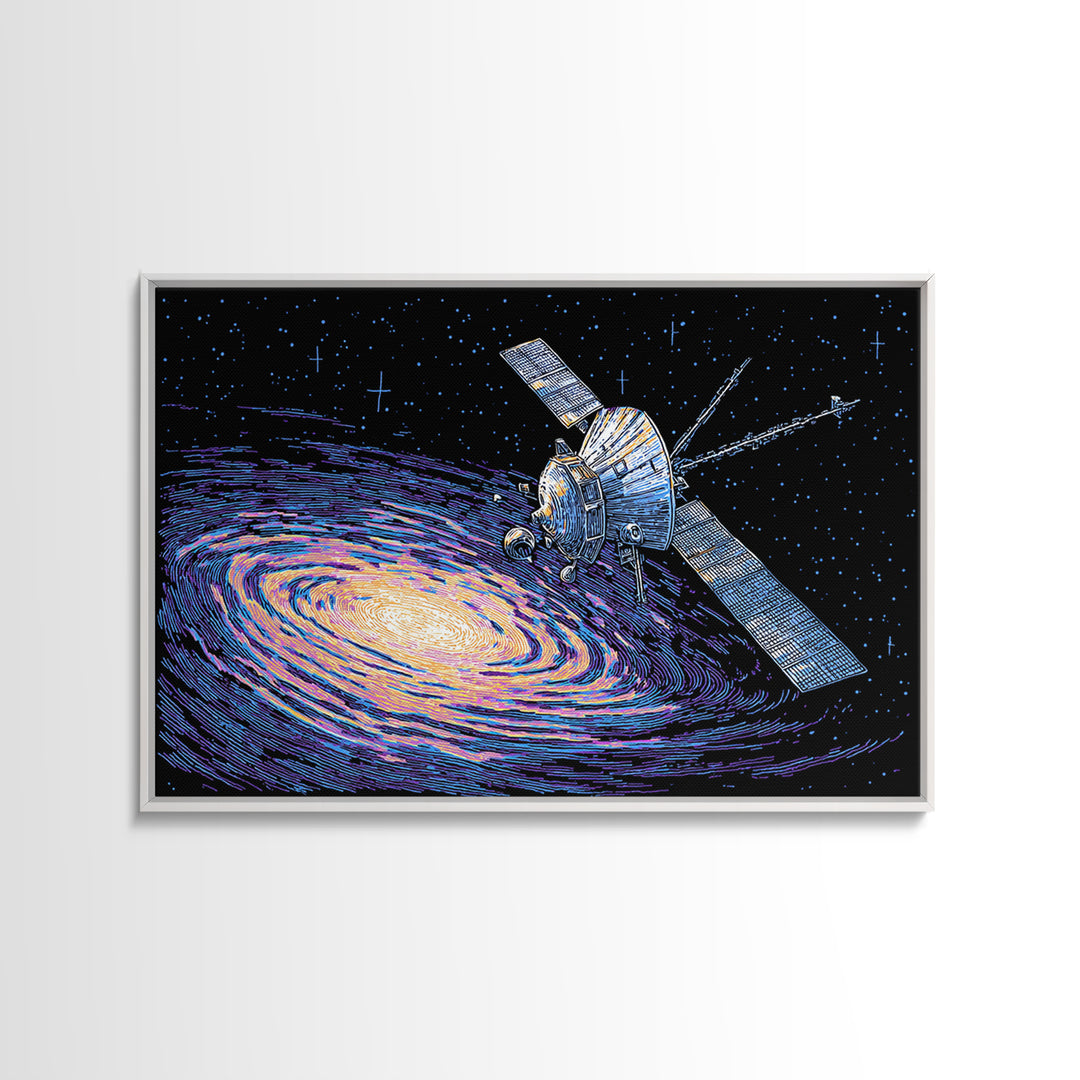 Galaxy Probe Over Vortex Framed Canvas Print, Starry Sci Fi Poster, Retro Space Abstract Art, Blue Wall Decor For Office