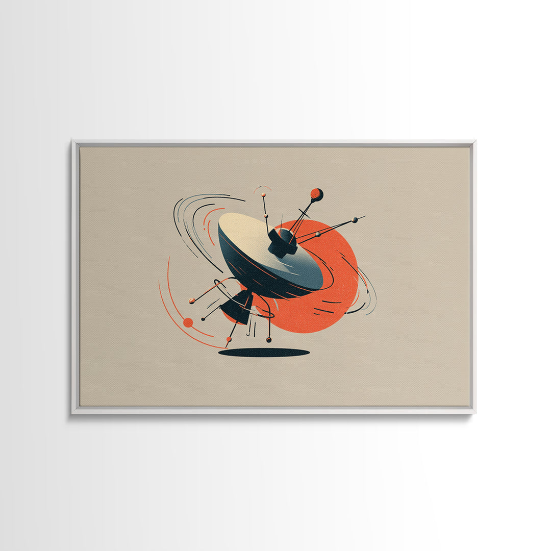 Atomic Sputnik Satellite Sculpture Wall Art, Mid Century Modern Poster, Orange Beige Retro Print, Geometric Space Home Decor