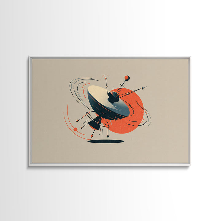 Atomic Sputnik Satellite Sculpture Wall Art, Mid Century Modern Poster, Orange Beige Retro Print, Geometric Space Home Decor