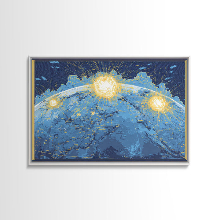 Illuminated Blue Earth Map With Three Suns Wall Art, Celestial Modern Artwork, Space Poster Decor, Global Framed Canvas Print