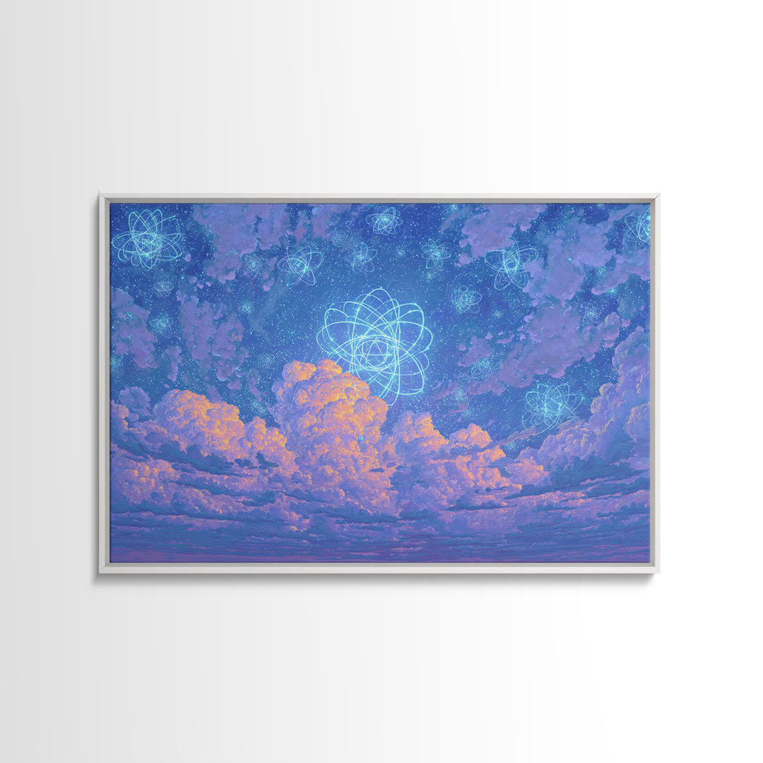 Dreamy Atomic Cloud Sky Wall Art, Pastel Space Poster, Celestial Midcentury Modern Decor, Blue Nursery Office Canvas Print