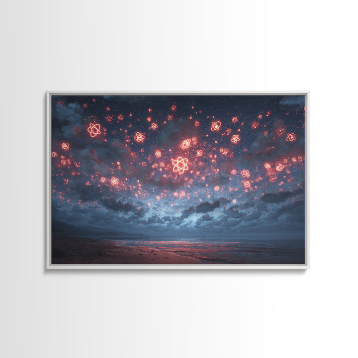 Red Atomic Night Sky Over Stormy Ocean Wall Art, Sci Fi Retro Art Print, Cosmic Retro Art, Space Abstract Art, Modern Wall Decor